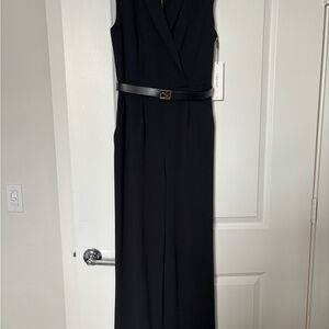 Calvin Klein Black Wide Leg Belted Gold Hardware Sleeveless Jumpsuit